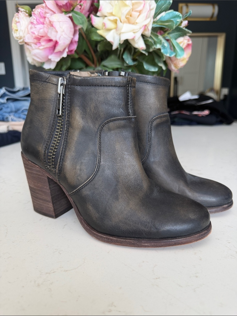 Women’s HINGE Leather Ankle Booties - Black Brown Zipper Heel